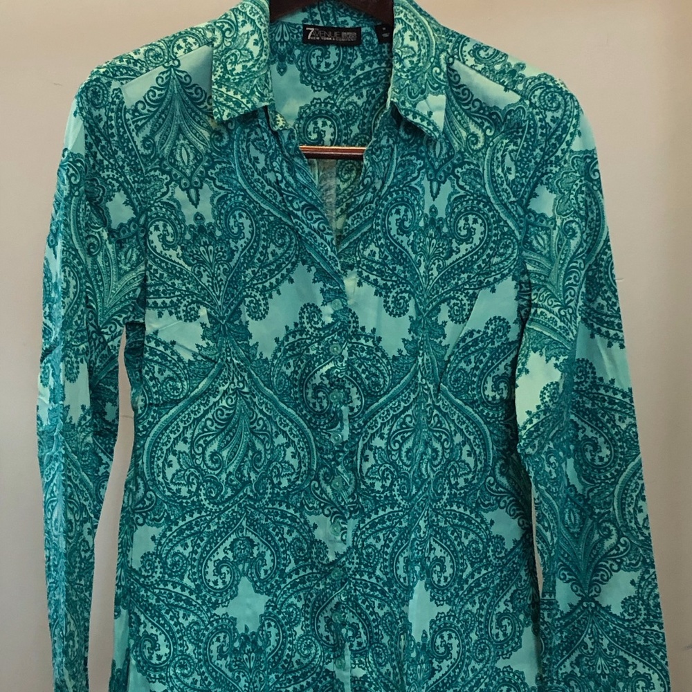 NY & Co Teal Paisley-Style Print Stretch Shirt